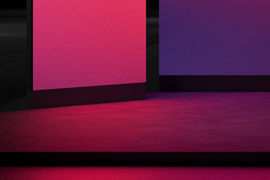 Vibrant color block poster mockup with pink and purple hues and a textured floor, perfect for modern graphic design presentations.