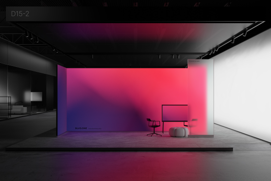 Modern exhibition stand mockup with vibrant pink and blue lighting in a dark gallery space, featuring minimalist furniture and decor.