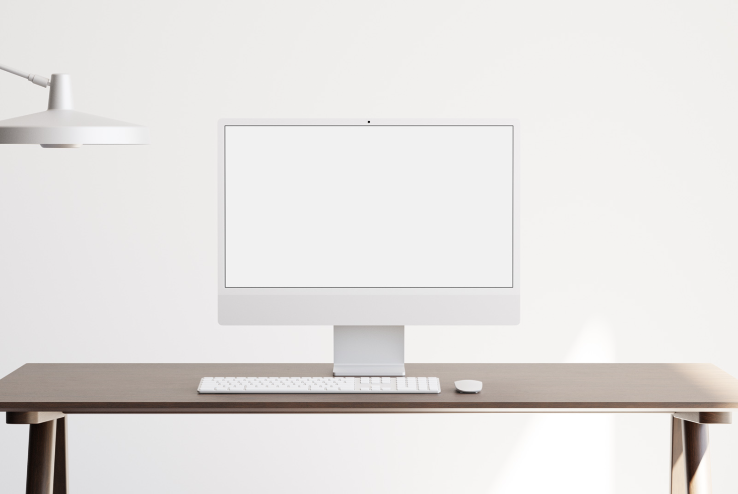 Minimalist workspace with computer mockup on desk, white modern design, clean desk setup for template design presentation.