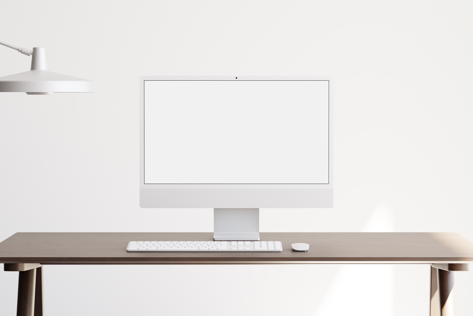 Minimalist workspace with computer mockup on desk, white modern design, clean desk setup for template design presentation.