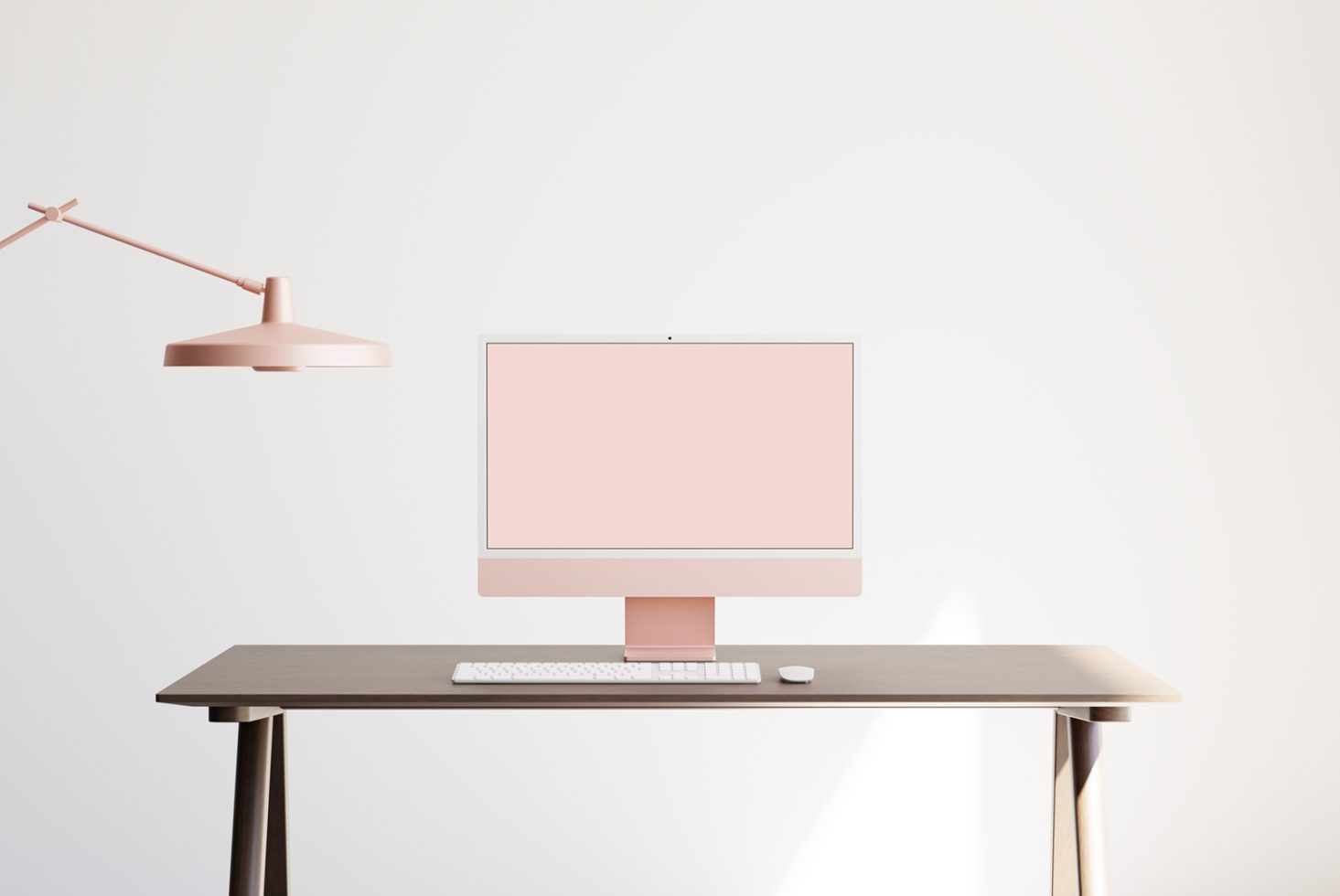 Modern workspace with stylish computer mockup on desk, elegant lamp, and minimal design, ideal for template presentations and web design.