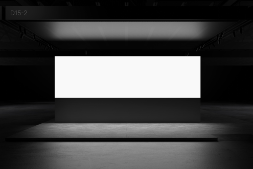 Blank billboard mockup in a dark exhibition hall with stage lighting for poster design presentation and portfolio showcase.