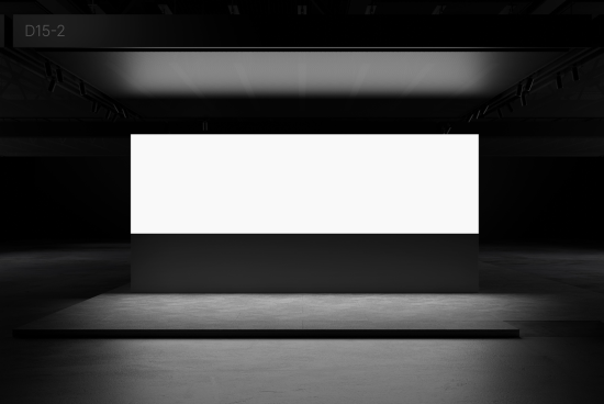 Blank billboard mockup in a dark exhibition hall with stage lighting for poster design presentation and portfolio showcase.