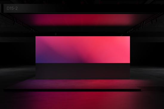 Modern stage mockup with dynamic lighting, vivid pink and blue hues, ideal for presentations and product showcases for designers.