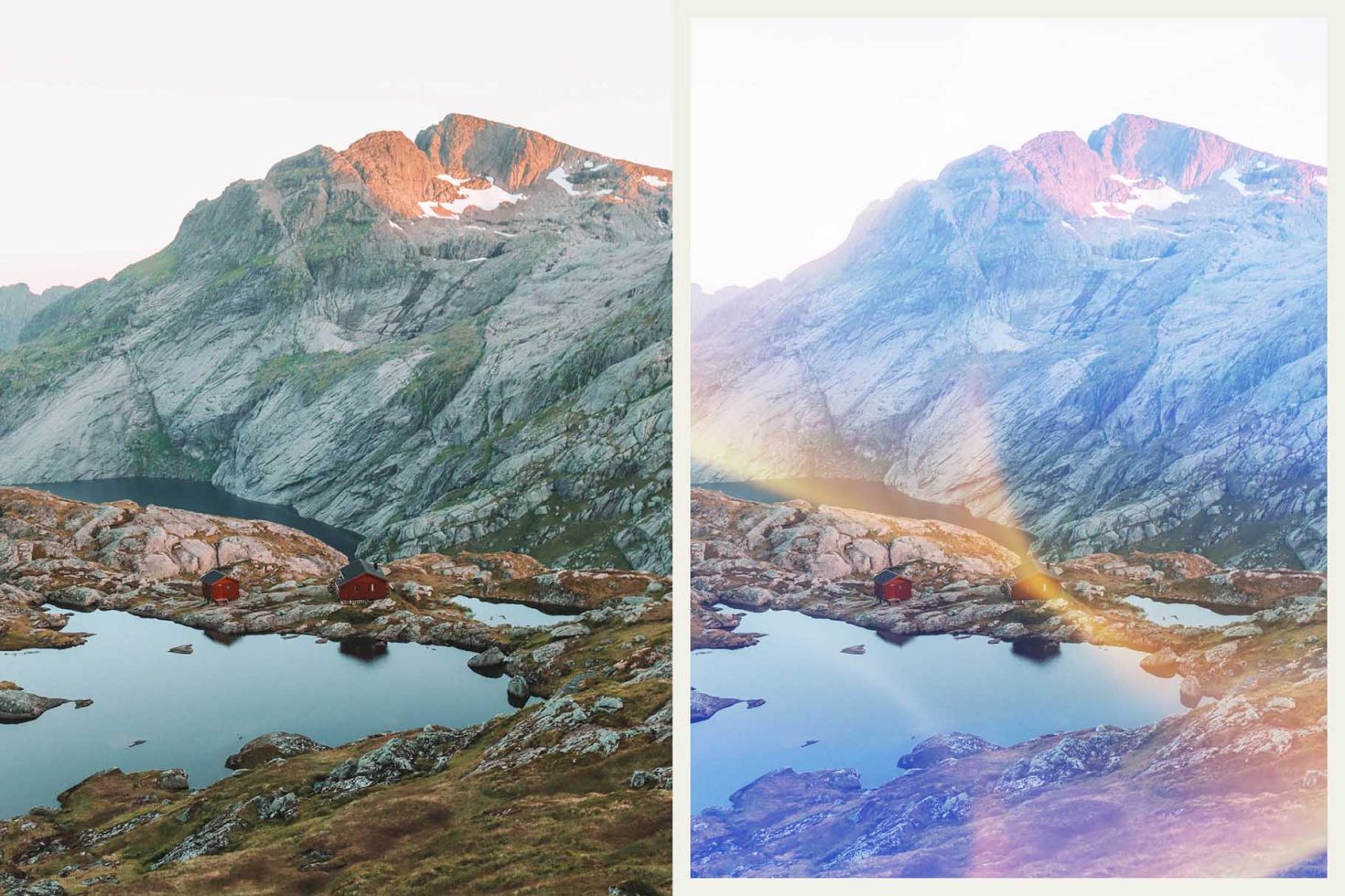 Mountain landscape mockup before-after edit, showing color correction and light effects, ideal for nature-themed graphic design projects.