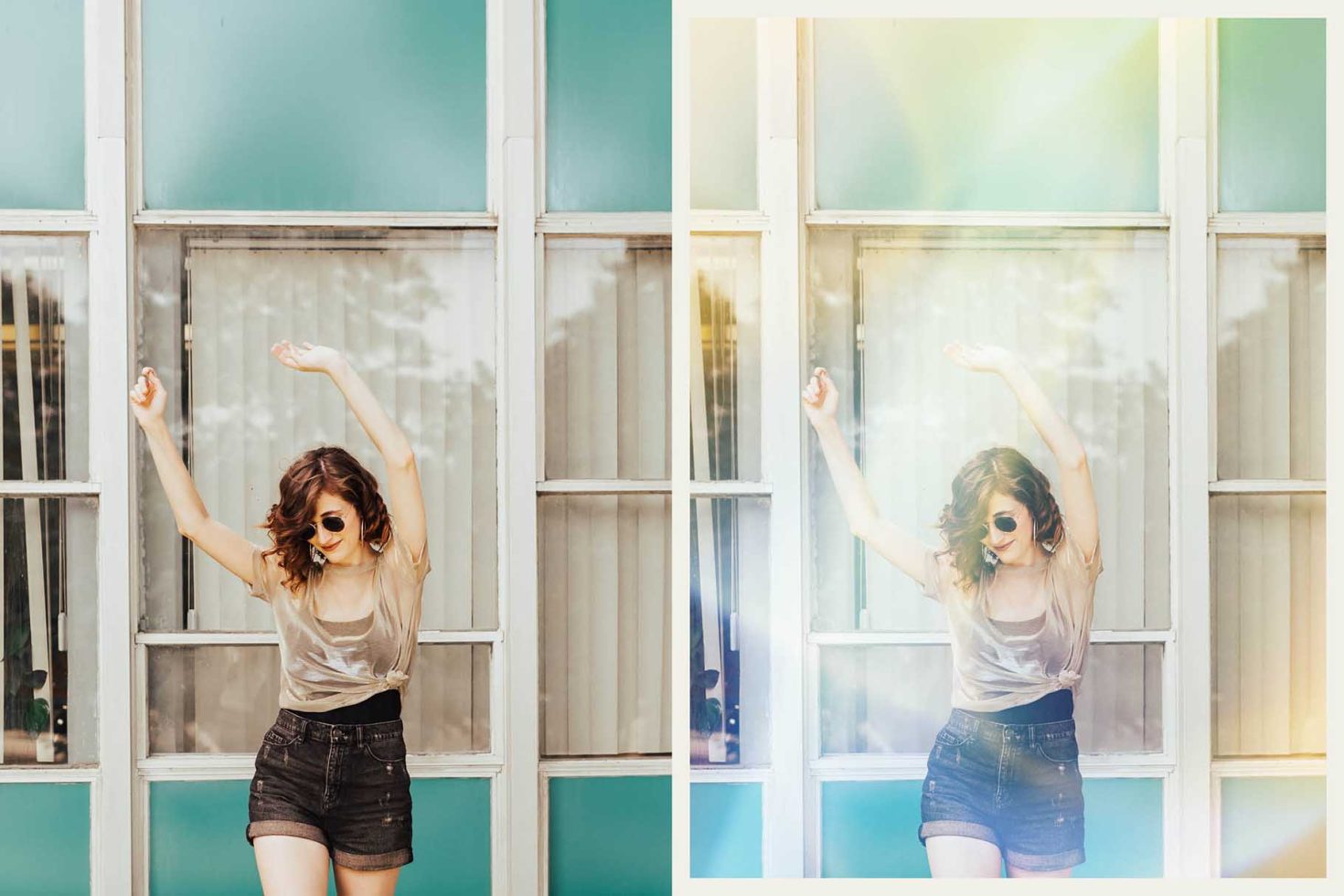 Woman in casual outfit dancing before teal window frames, natural light, split image effect, ideal for lifestyle mockups.