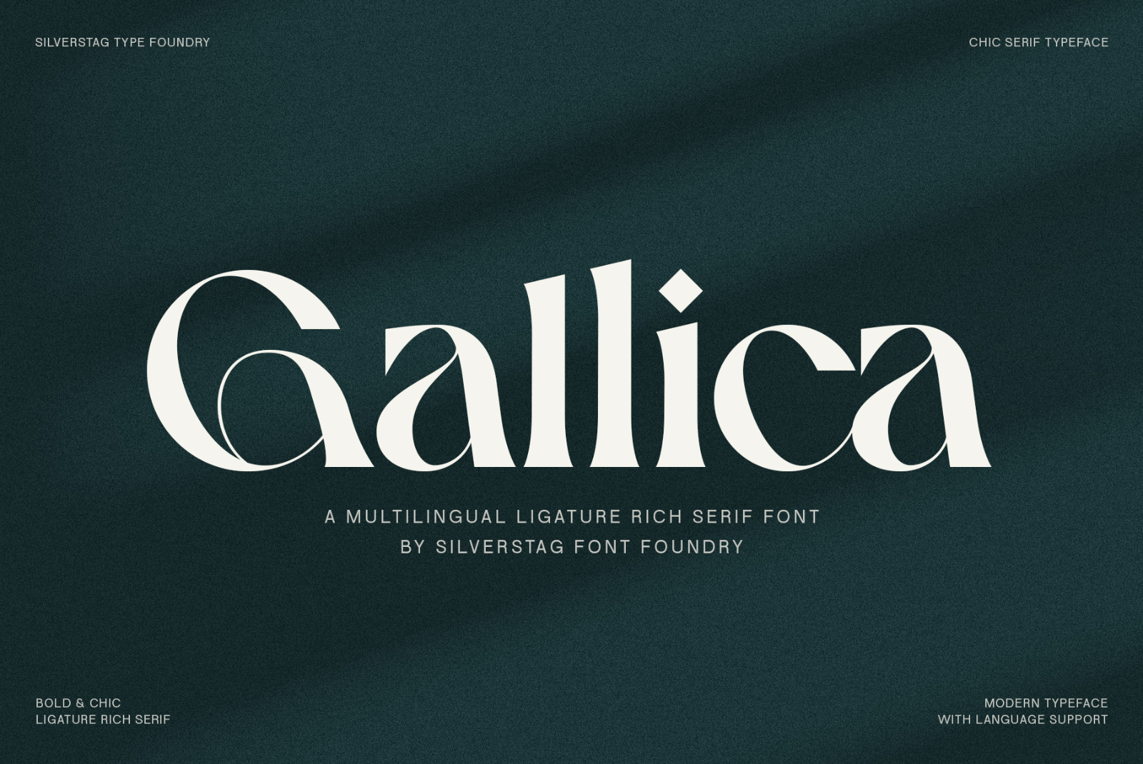 Elegant multilingual serif font Gallica showcased with ligatures, designed by Silverstag, ideal for designers creating chic and modern graphics.