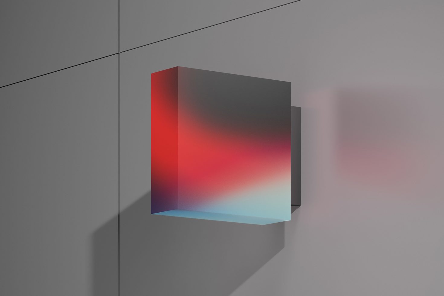 3D box with gradient texture exhibiting red to blue hues mounted on a wall for mockup design asset, ideal for presentations and branding.