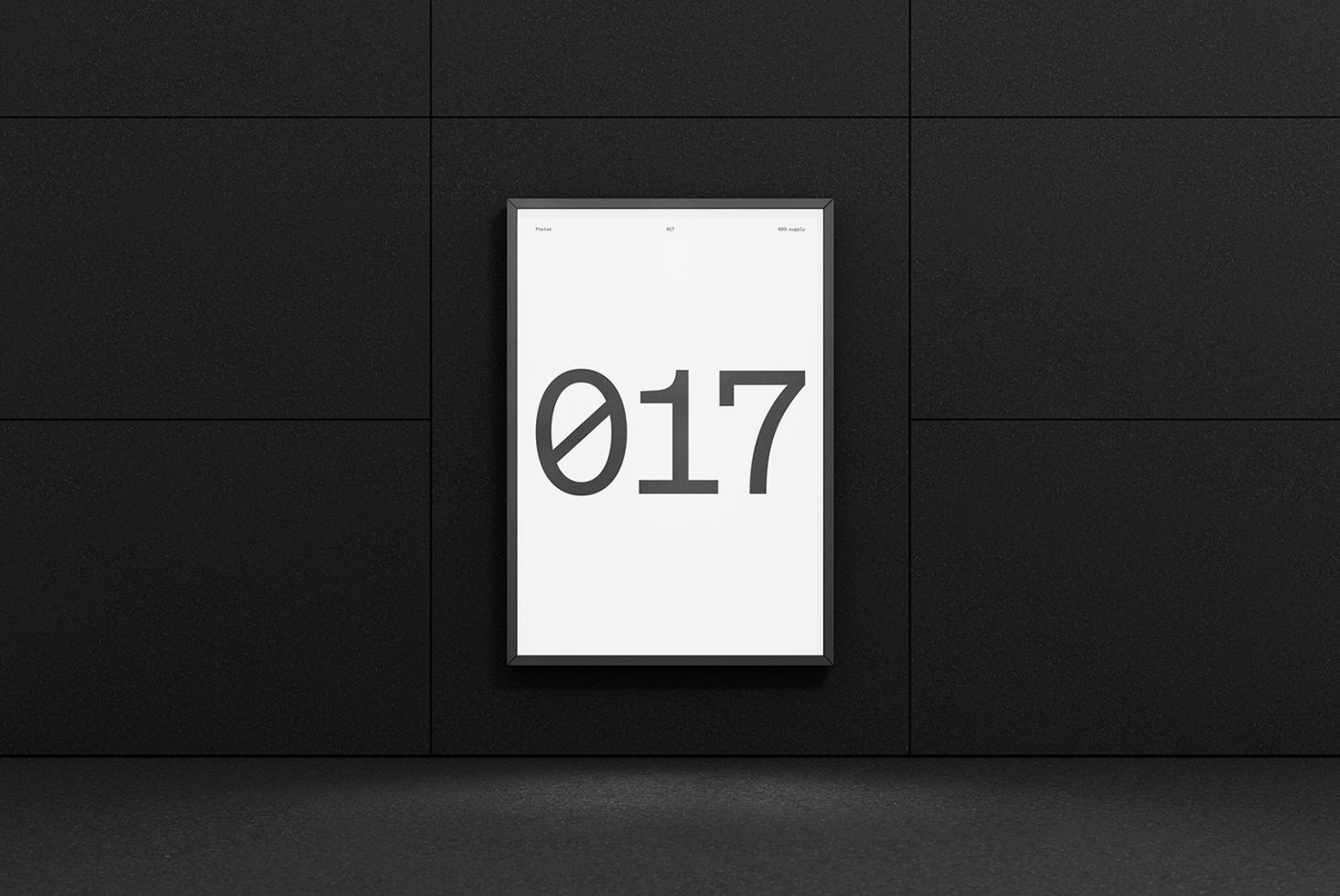 Minimalist poster mockup in black frame on dark wall for presentation of designs and fonts, suitable for portfolio display.