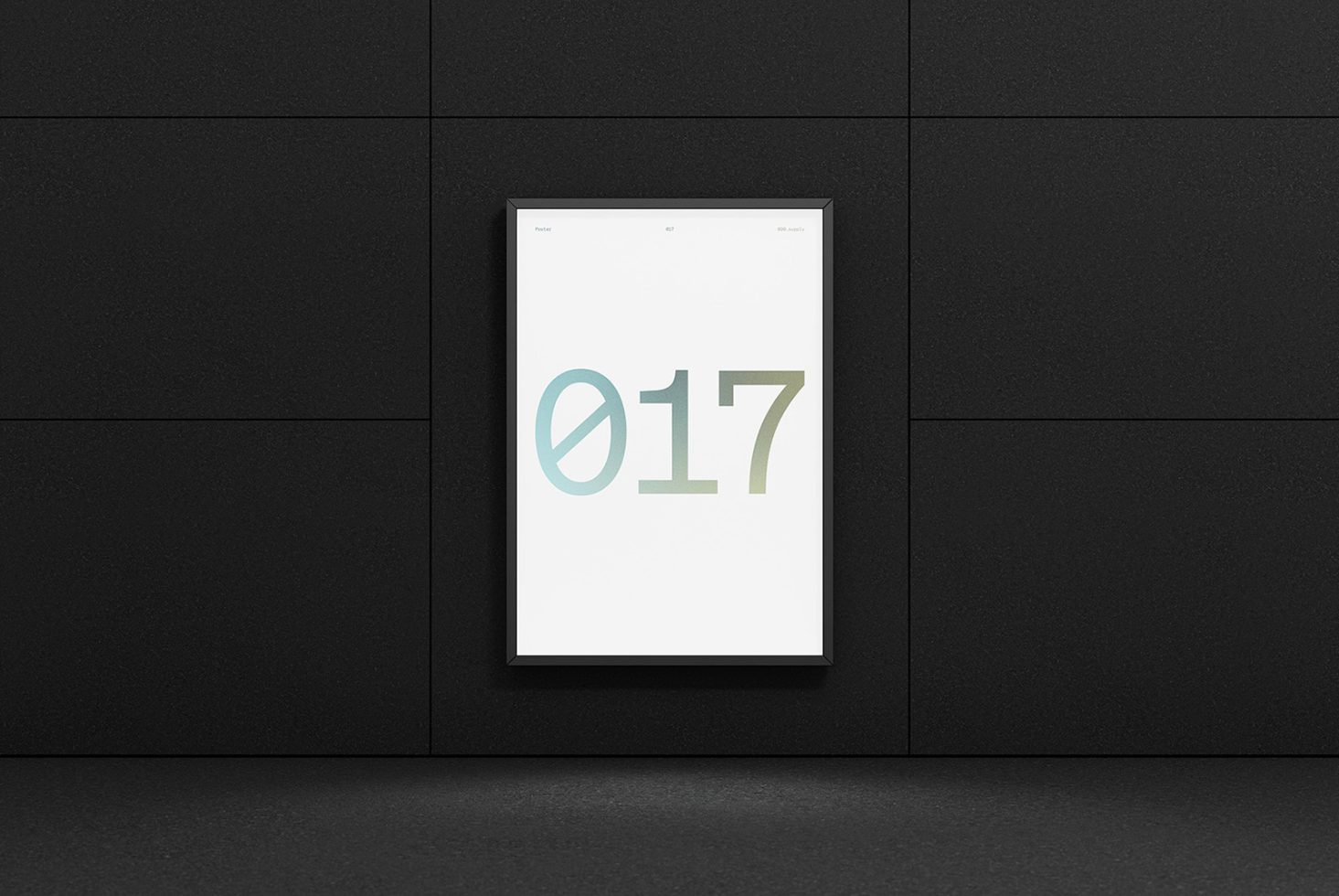 Minimalist poster mockup in a black frame on a dark wall, showcasing clean design for presentations and portfolio displays.