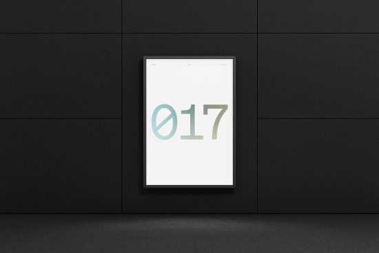 Minimalist poster mockup in a black frame on a dark wall, showcasing clean design for presentations and portfolio displays.
