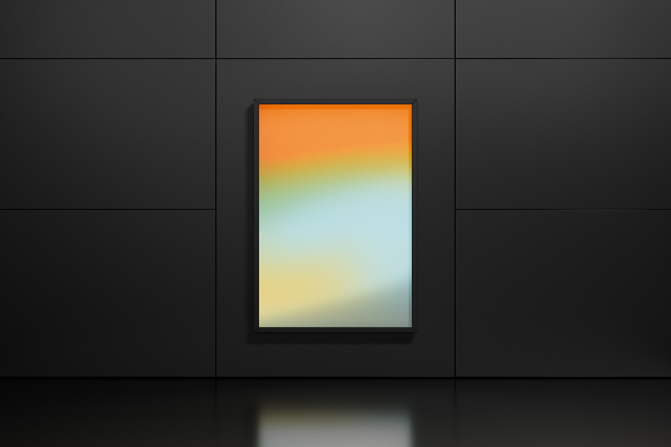 Modern gallery wall frame mockup with gradient artwork in a dark minimalist interior setting, ideal for presentations and portfolios.