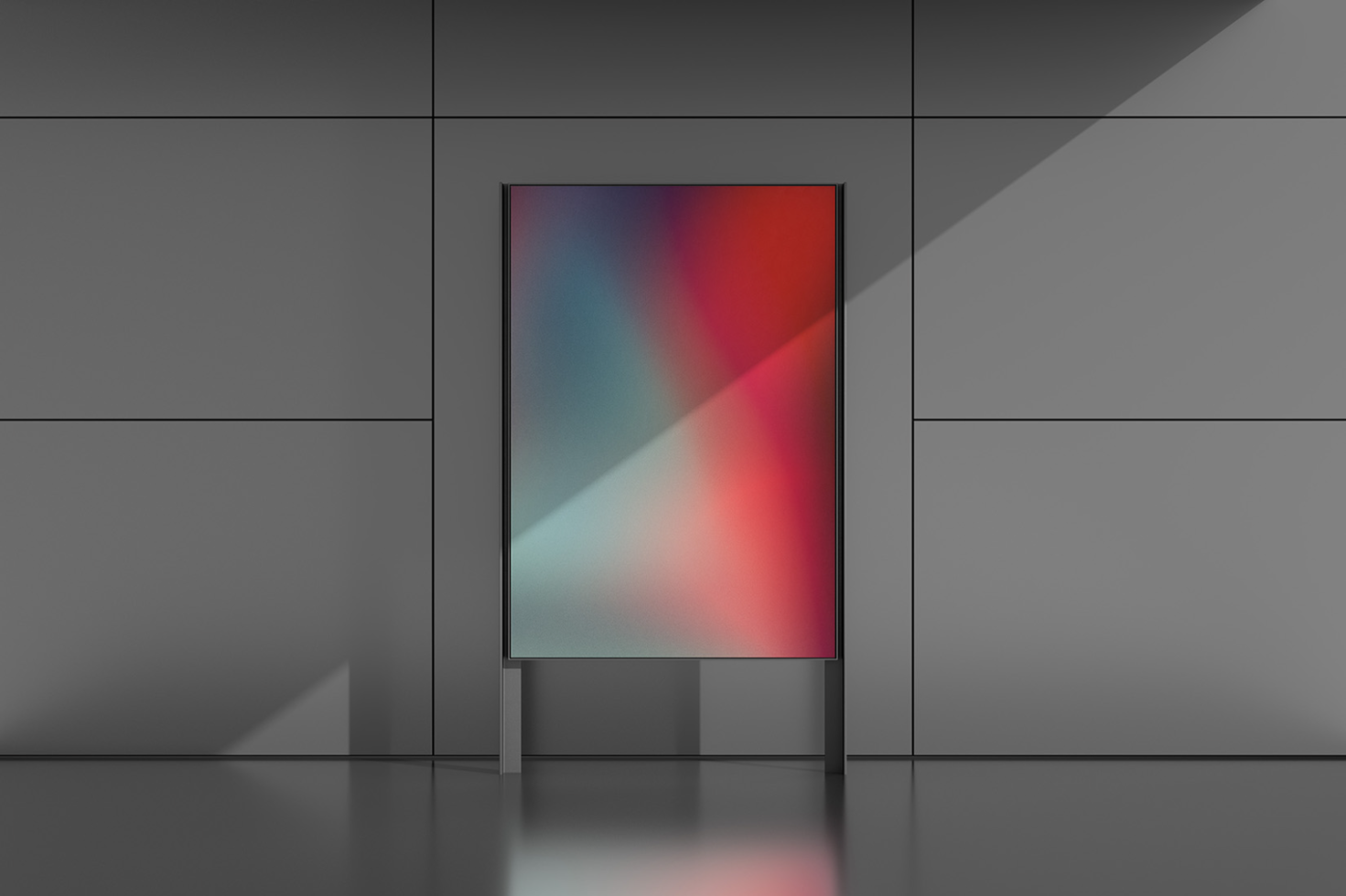 Minimalist poster mockup with colorful gradient in modern gallery setting, ideal for showcasing design and visual art presentations.