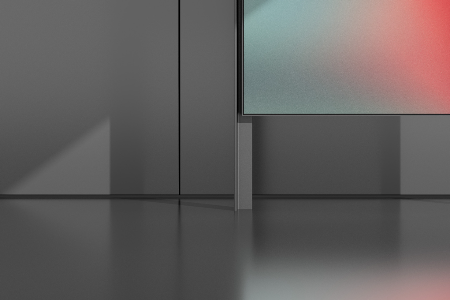 Modern display mockup for presentation in a minimalistic room setting with reflective floor, highlighting screen design potential.