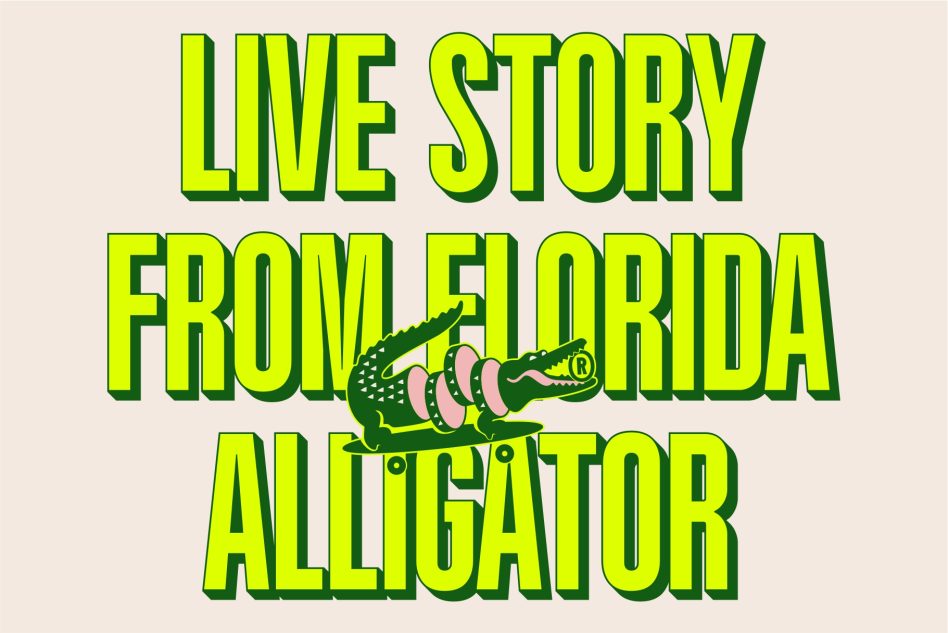 Bold green text saying Live Story From Florida Alligator with a graphic of an alligator on a skateboard, perfect for fun graphics or T-shirt designs.