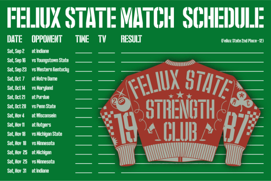 Sports schedule template with retro varsity sweater mockup, green background, editable text for graphic design, suitable for designers involved in sports branding.