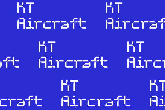 Modern font design with repetitive 'KT Aircraft' text in bold, white on blue background, ideal for branding in aviation niche.