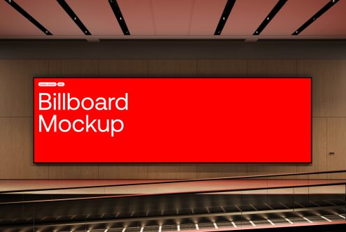 Red billboard mockup in an indoor setting with modern lighting, ideal for designer presentations and advertising projects.