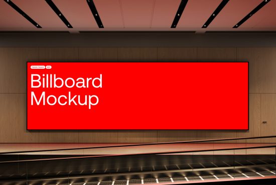 Red billboard mockup in an indoor setting with modern lighting, ideal for designer presentations and advertising projects.