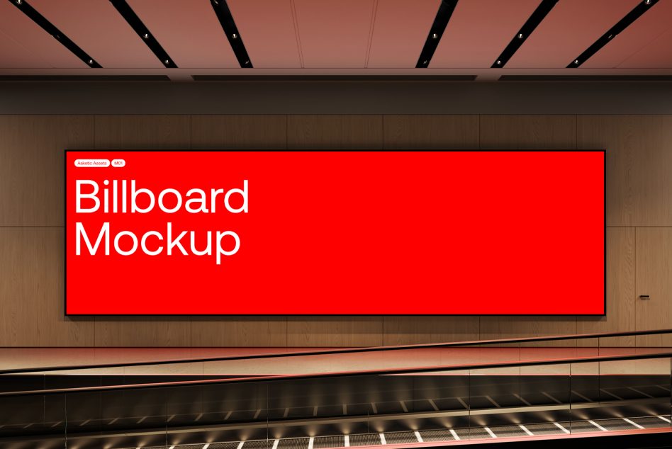 Red billboard mockup in an indoor setting with modern lighting, ideal for designer presentations and advertising projects.