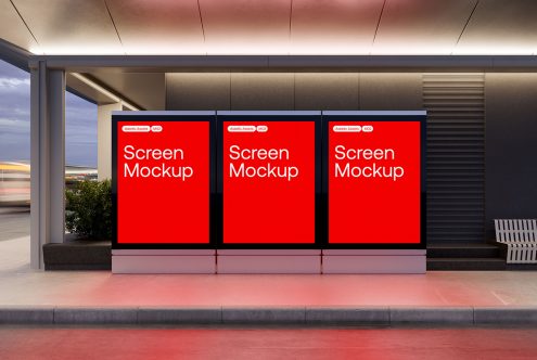 Outdoor advertising screen mockups on urban twilight background, digital display template, design presentation tool for designers.