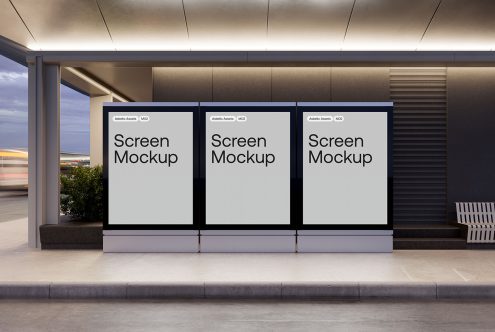 Triple outdoor advertising screen mockups displayed at dusk, ideal for presenting designs and graphics in a realistic urban setting.