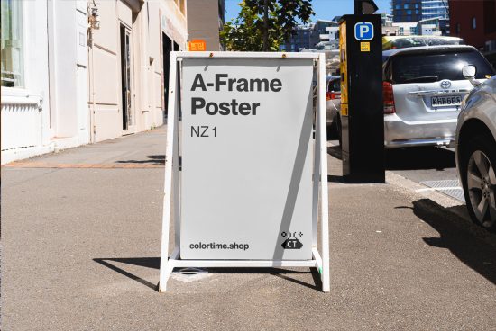 A-Frame street poster mockup in urban setting, ideal for designers creating outdoor advertising and branding graphics.
