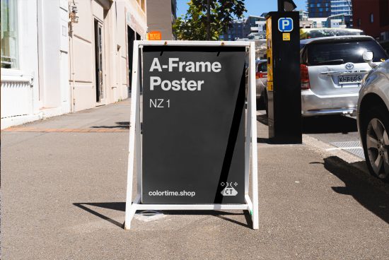 Outdoor A-Frame poster mockup on a sunny street, showcasing urban advertising with clear sky, ideal for designer templates.