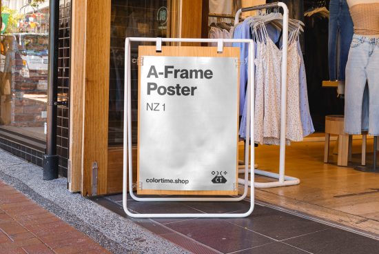 A-Frame poster mockup standing outside a fashion store for digital asset showcase, realistic retail signage display for designers.