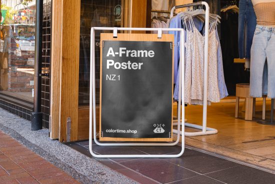 A-Frame sidewalk signboard mockup outside a clothing store, ideal for graphic design presentations and outdoor advertising.
