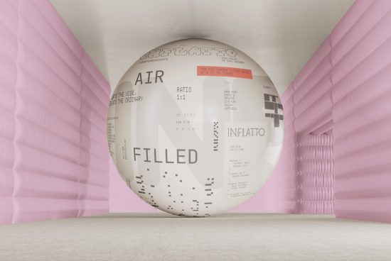 3D mockup of a giant inflatable ball in a pink curtained room, ideal for product presentations, realistic textures, designer resources.