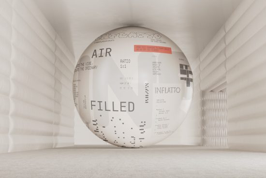 3D mockup of a large reflective spherical object with typography and graphic design in a minimalist white interior, ideal for presentations and designs.