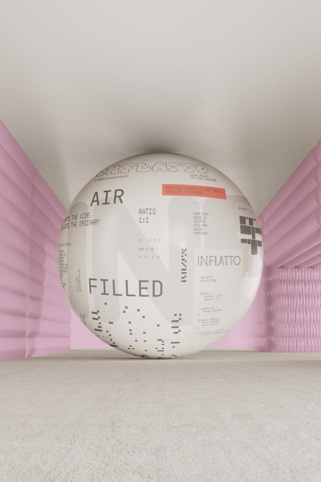 Giant white graphic ball mockup in a pastel room, ideal for presentations, branding, and design visualizations for creative professionals.