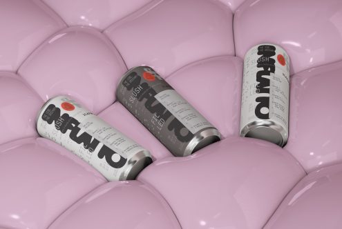 3D mockup of beverage cans with modern label design on a cushioned pink background, ideal for product presentations and packaging design.