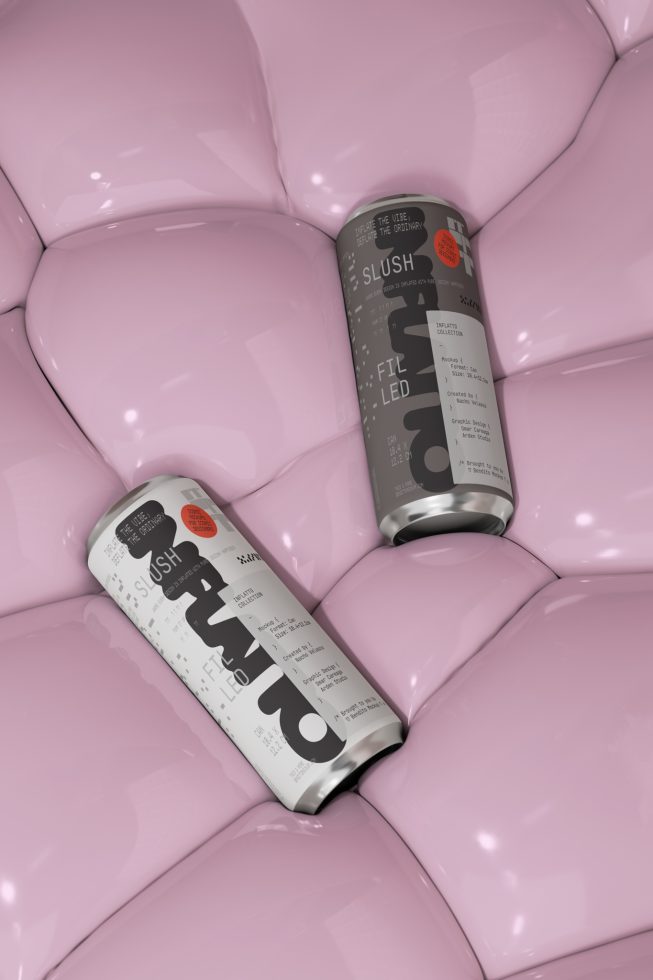 3D rendered beverage cans mockup on pink cushioned background, ideal for showcasing product packaging and branding designs.