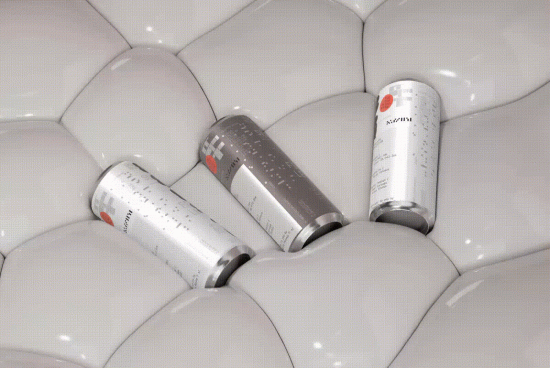 Three beverage cans mockup on a geometric white surface for product design presentation, ideal for graphics designers to showcase branding.