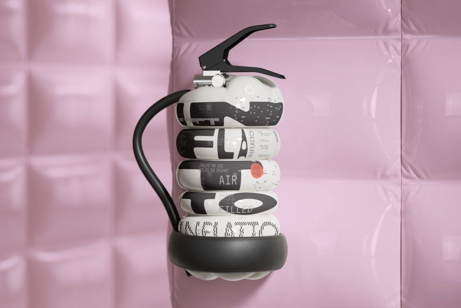 Vector graphics mockup of stylized fire extinguisher with modern design elements on a pink background, suitable for graphic and product design.