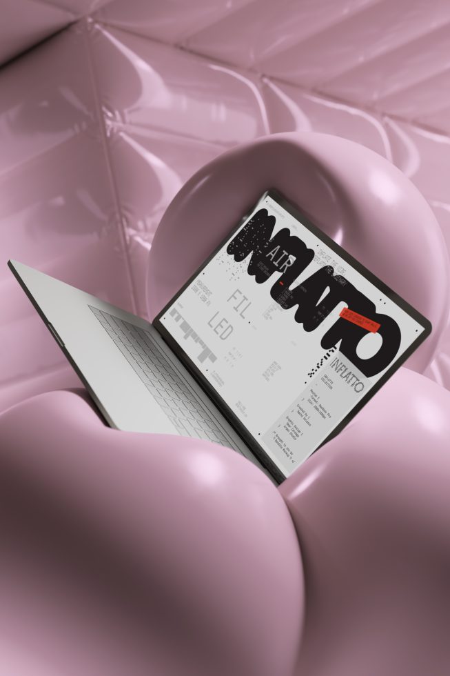 Laptop on pink balloons background displaying creative design, ideal for mockups, graphic design, and digital art templates.