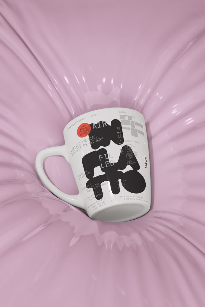 Creative mockup of a designer coffee mug with graphic prints on a pink fluid background, ideal for presentation in portfolios and showcases.