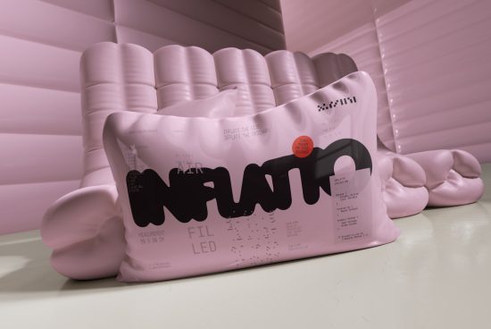 3D mockup of a futuristic inflatable cushion with stylized text design, displayed in a modern pink-toned room for home decor visuals.