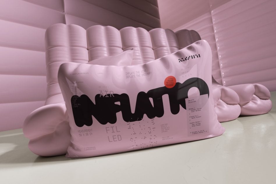 Pink inflatable pouch mockup with bold black wavy typography on white label