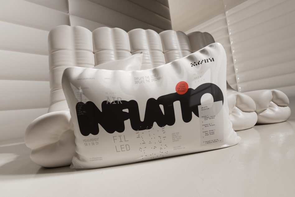 White inflatable pouch mockup with black wavy text design on cream backdrop