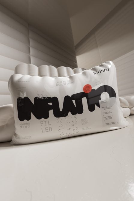 Crumpled white package design mockup with black typography, red accent