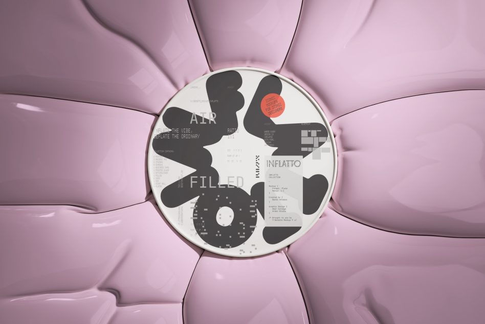 Close up of circular design with bold black silhouettes, red accent circle