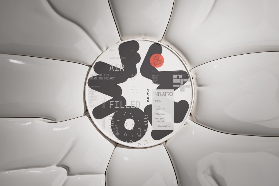 Overhead view of disc mockup surrounded by white inflatable sculptural forms