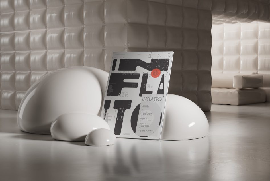 White inflatable spheres with bold typography mockup design poster