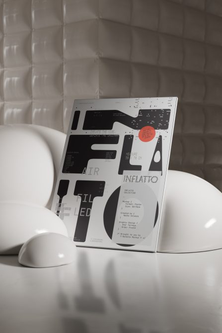 A4 poster mockup surrounded by white curved geometric objects in clean layout