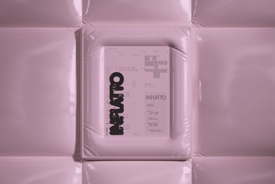 Poster mockup in sealed plastic wrap against pink padded wall background