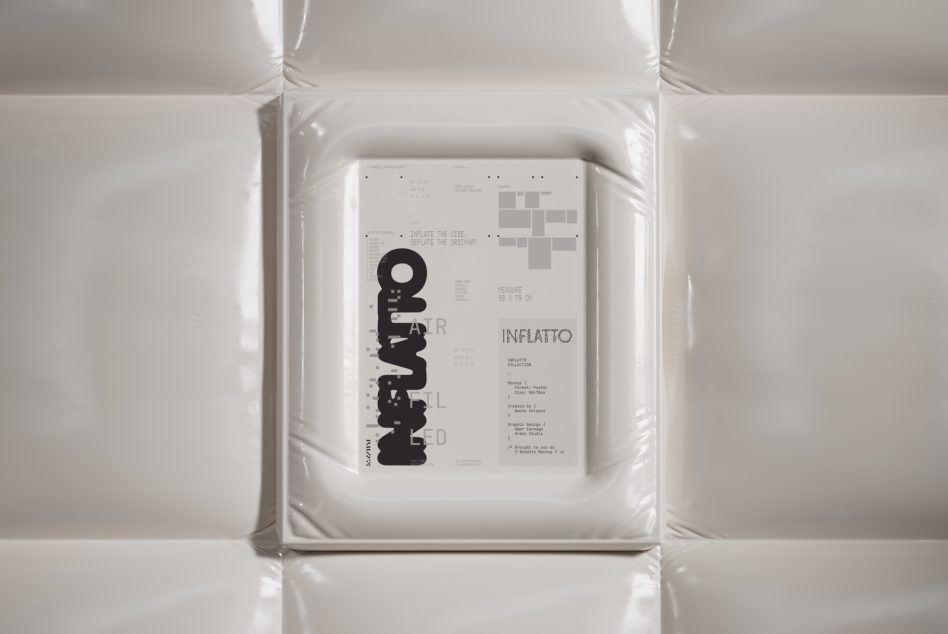 Poster mockup in sealed plastic wrap against white padded wall background