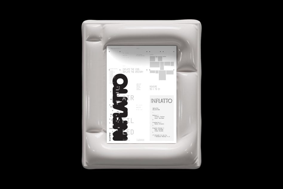 Poster mockup in clear inflatable frame showing black typography on white